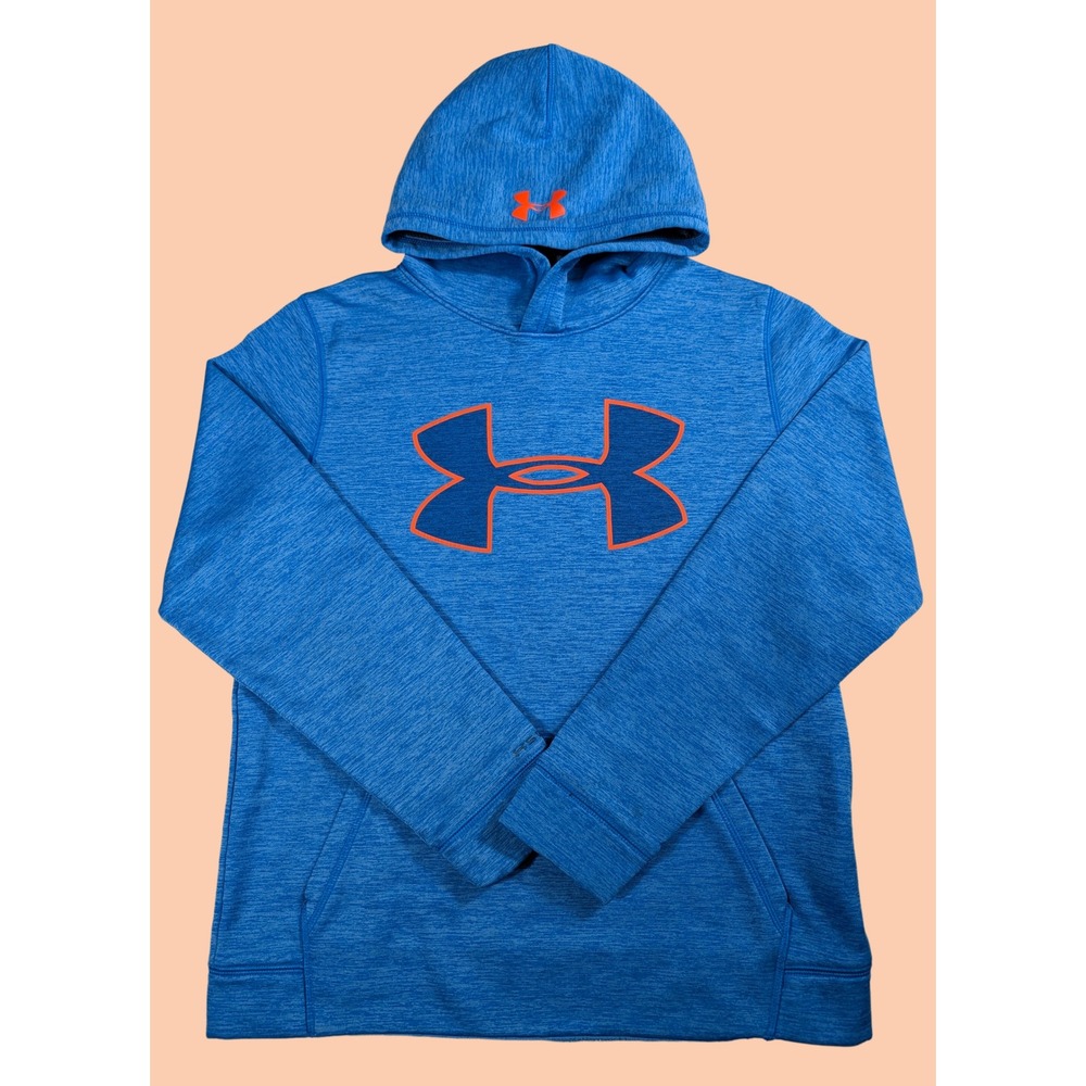 Under Armour Boys Sz L Cold Gear Blue Heathered Logo Hoodie